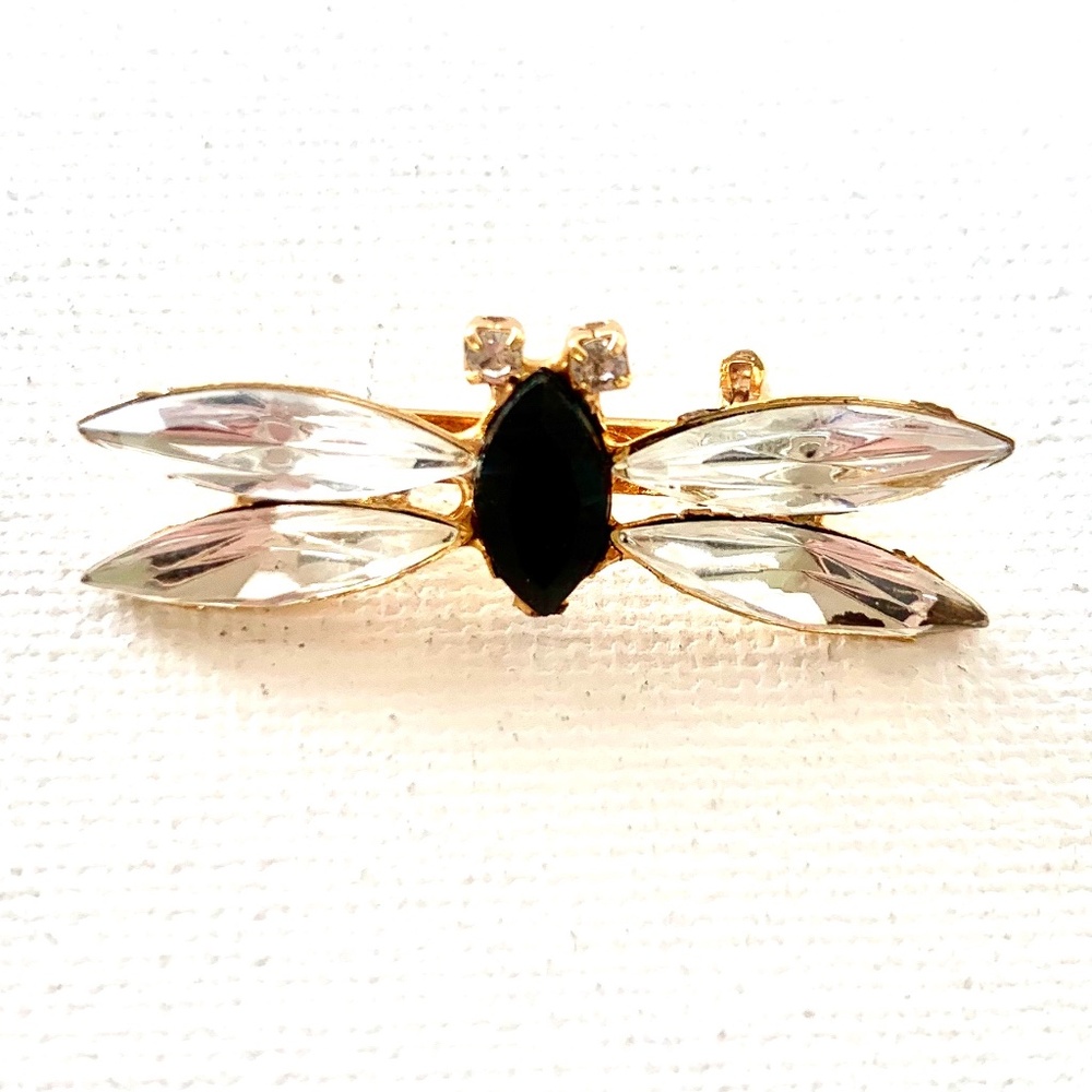 Vintage Rhinestone Black and White Dragonfly Pin Brooch 1.5"